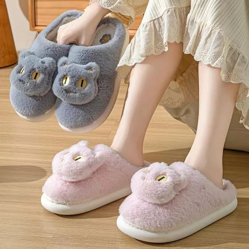 2026 New Womens Plush Cat Slippers Winter Warm Cozy Indoor House Shoes Soft EVA Sole Non-Slip Design